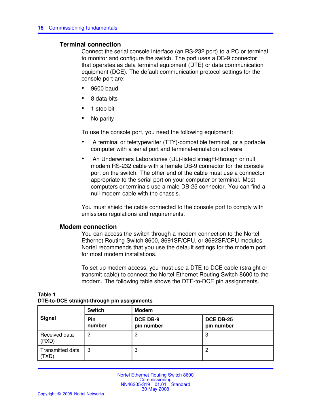 Nortel Networks 8600 manual Terminal connection, Modem connection 