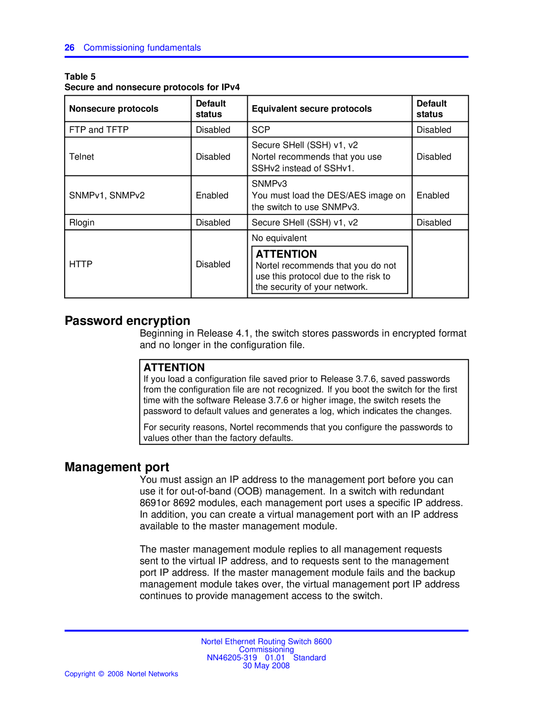 Nortel Networks 8600 manual Password encryption, Management port, FTP and Tftp Disabled 