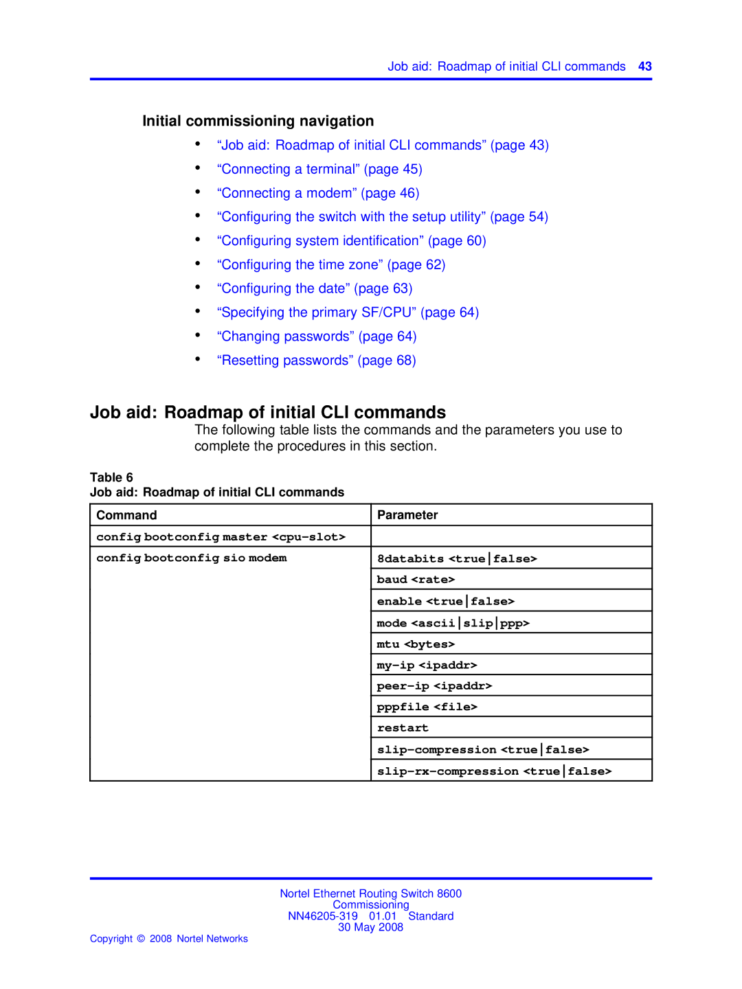 Nortel Networks 8600 manual Job aid Roadmap of initial CLI commands, Initial commissioning navigation 