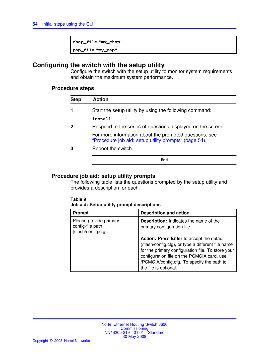 Nortel Networks 8600 manual Conﬁguring the switch with the setup utility, Procedure job aid setup utility prompts 