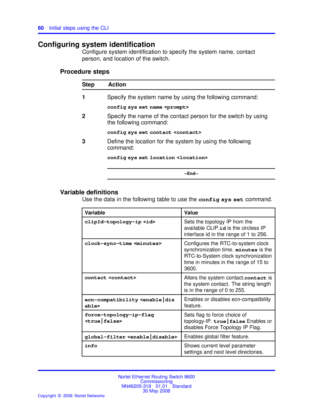 Nortel Networks 8600 manual Conﬁguring system identiﬁcation 