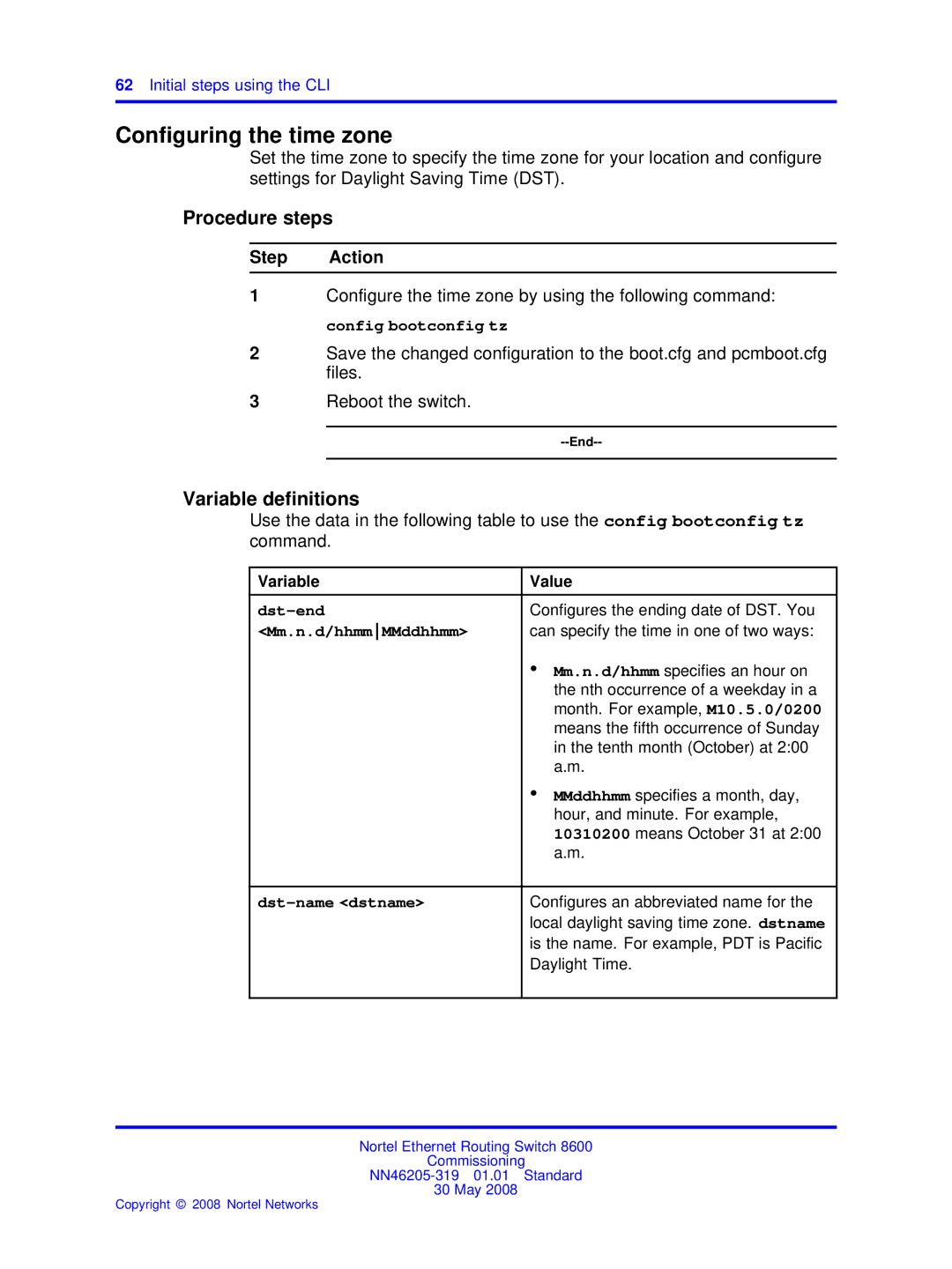 Nortel Networks 8600 manual Conﬁguring the time zone, Dst-end, Mm.n.d/hhmmMMddhhmm 