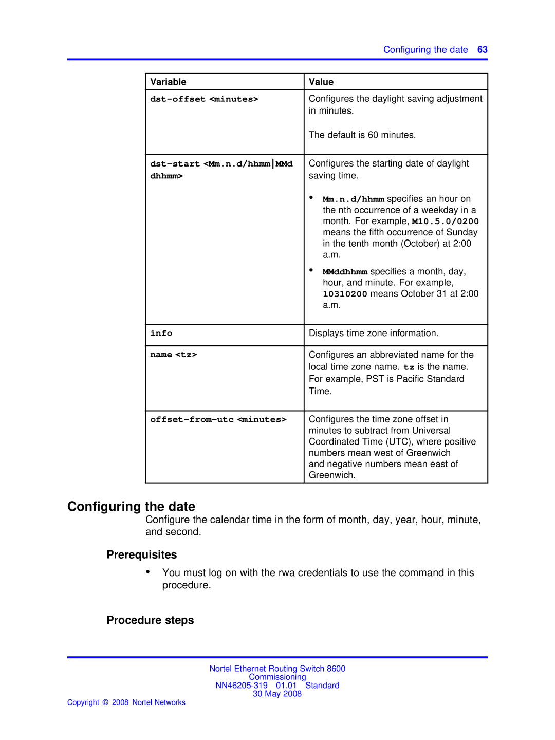 Nortel Networks 8600 manual Conﬁguring the date, Dst-start Mm.n.d/hhmmMMd, Dhhmm 