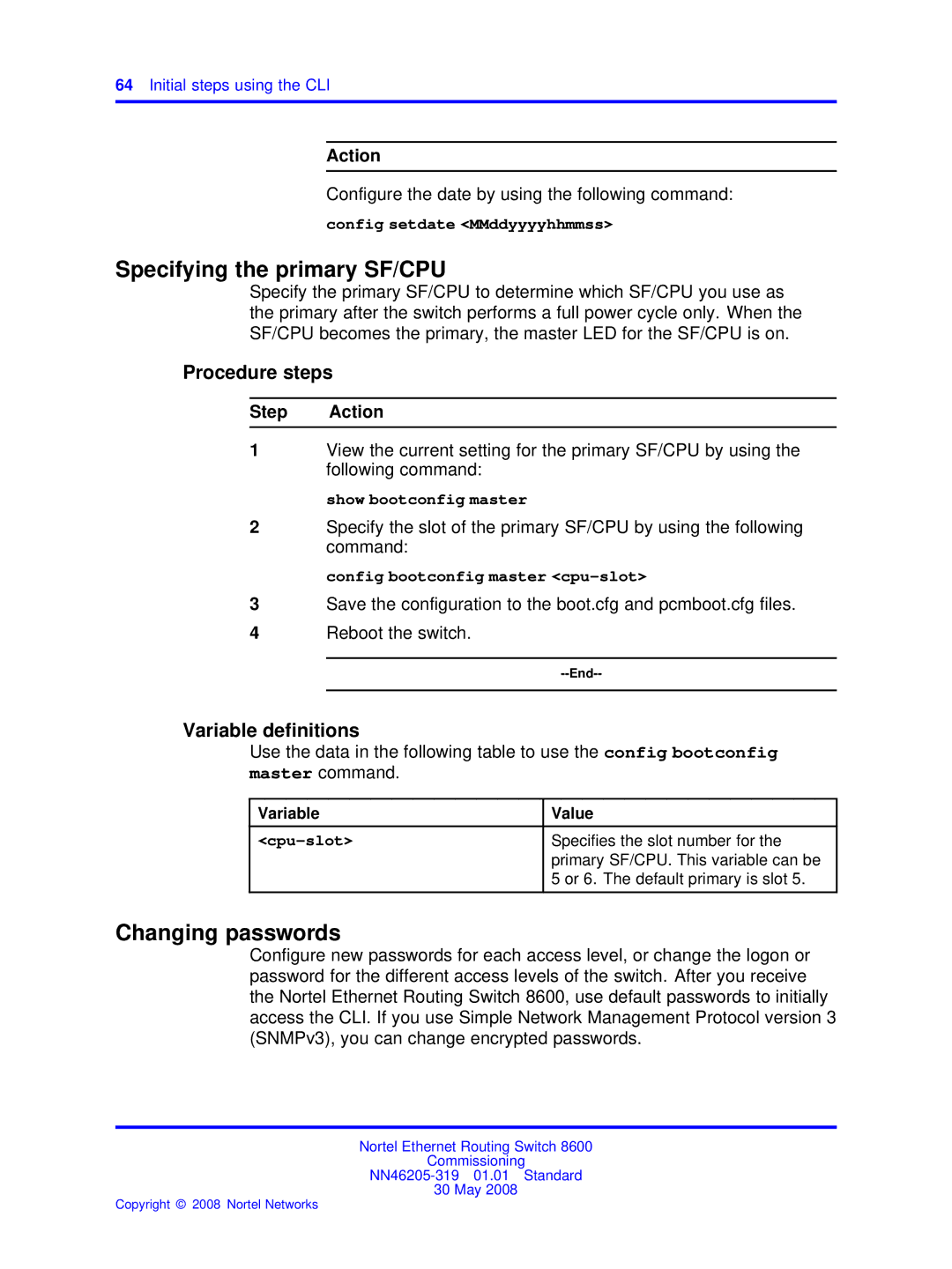 Nortel Networks 8600 manual Specifying the primary SF/CPU, Config bootconfig master cpu-slot, Cpu-slot 