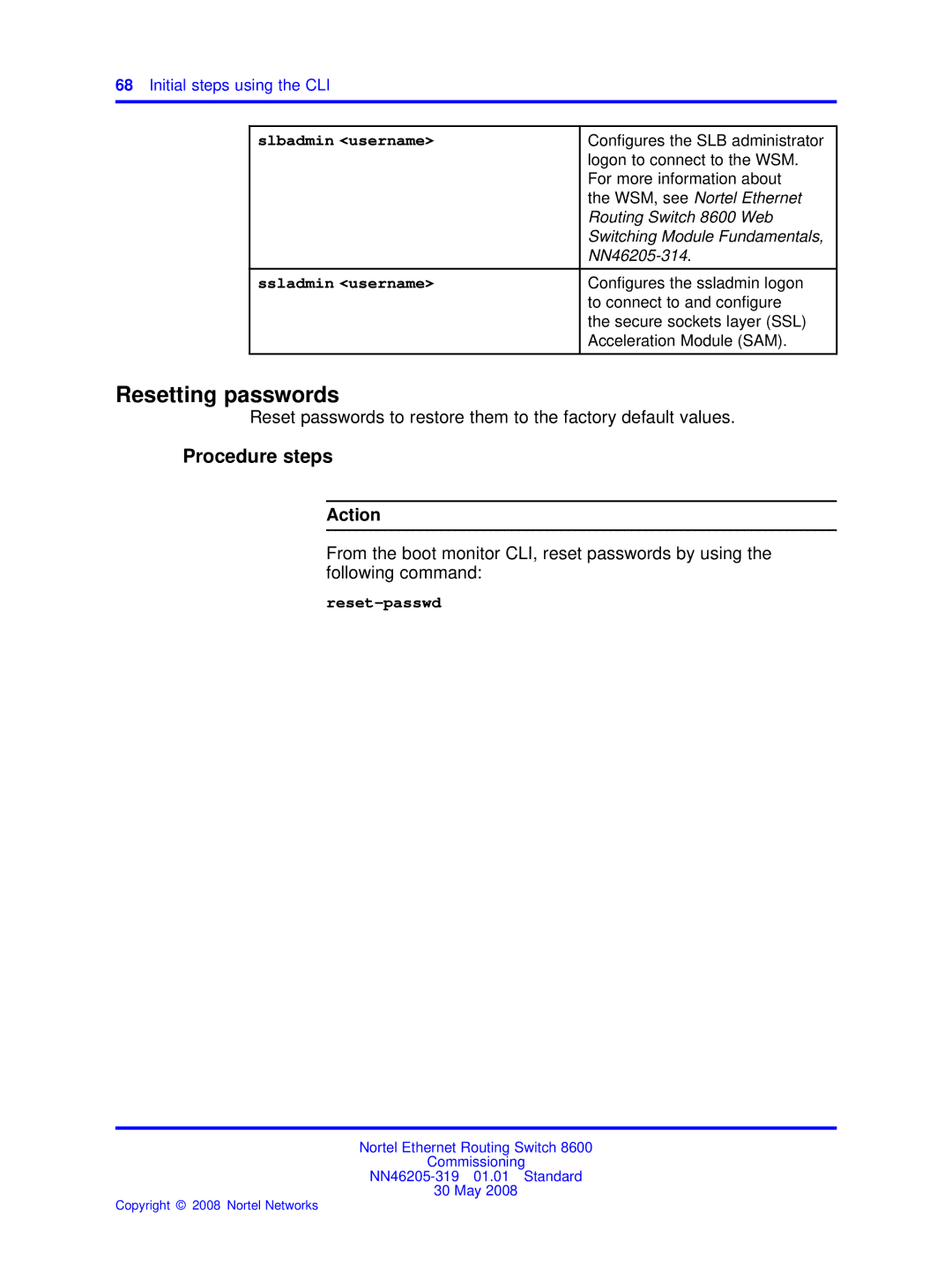 Nortel Networks 8600 manual Resetting passwords 