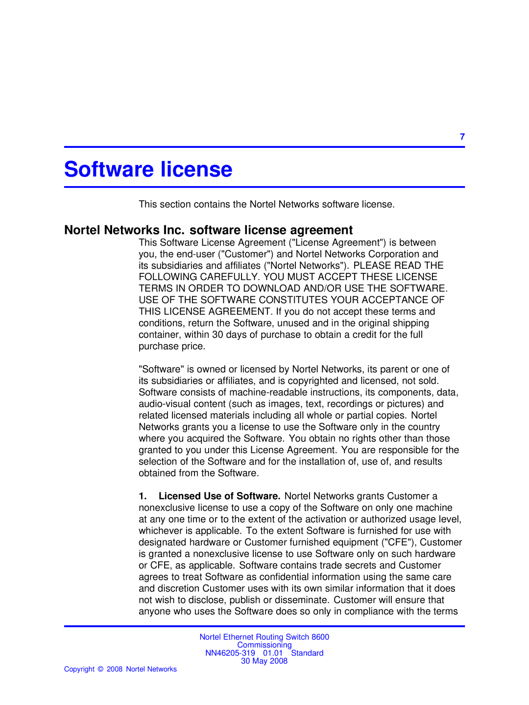 Nortel Networks 8600 manual Software license, Nortel Networks Inc. software license agreement 