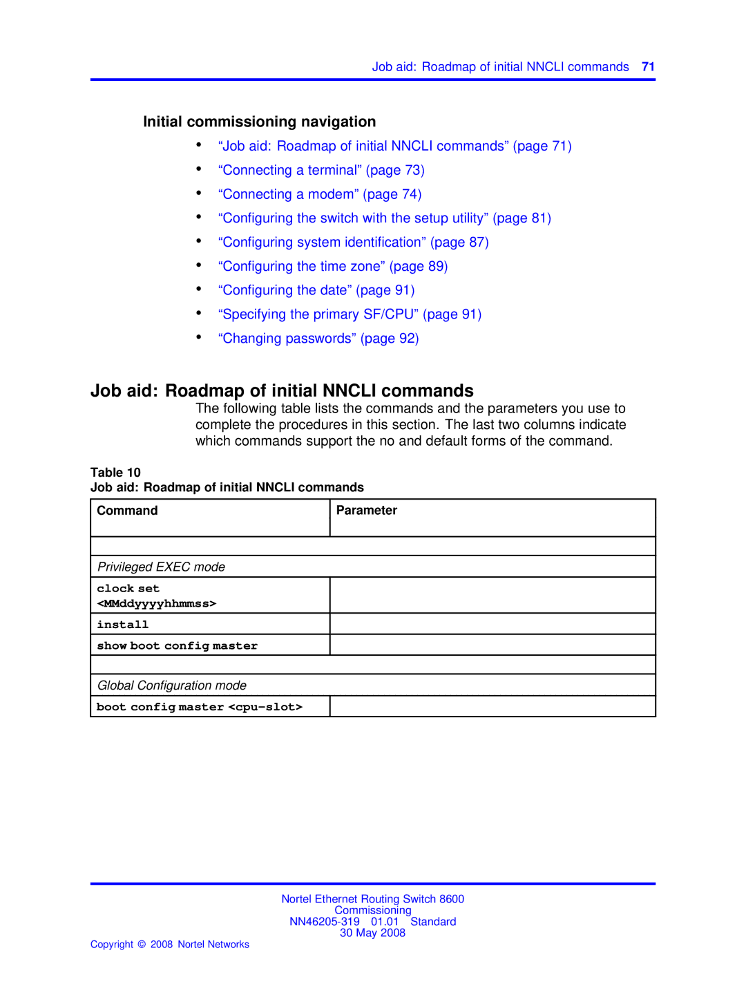 Nortel Networks 8600 Job aid Roadmap of initial Nncli commands, Clock set MMddyyyyhhmmss Install Show boot config master 