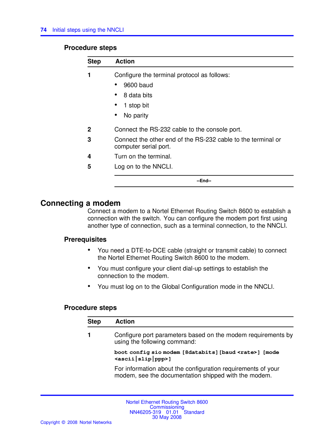 Nortel Networks 8600 manual Procedure steps, Boot config sio modem 8databitsbaud rate mode asciislipppp 