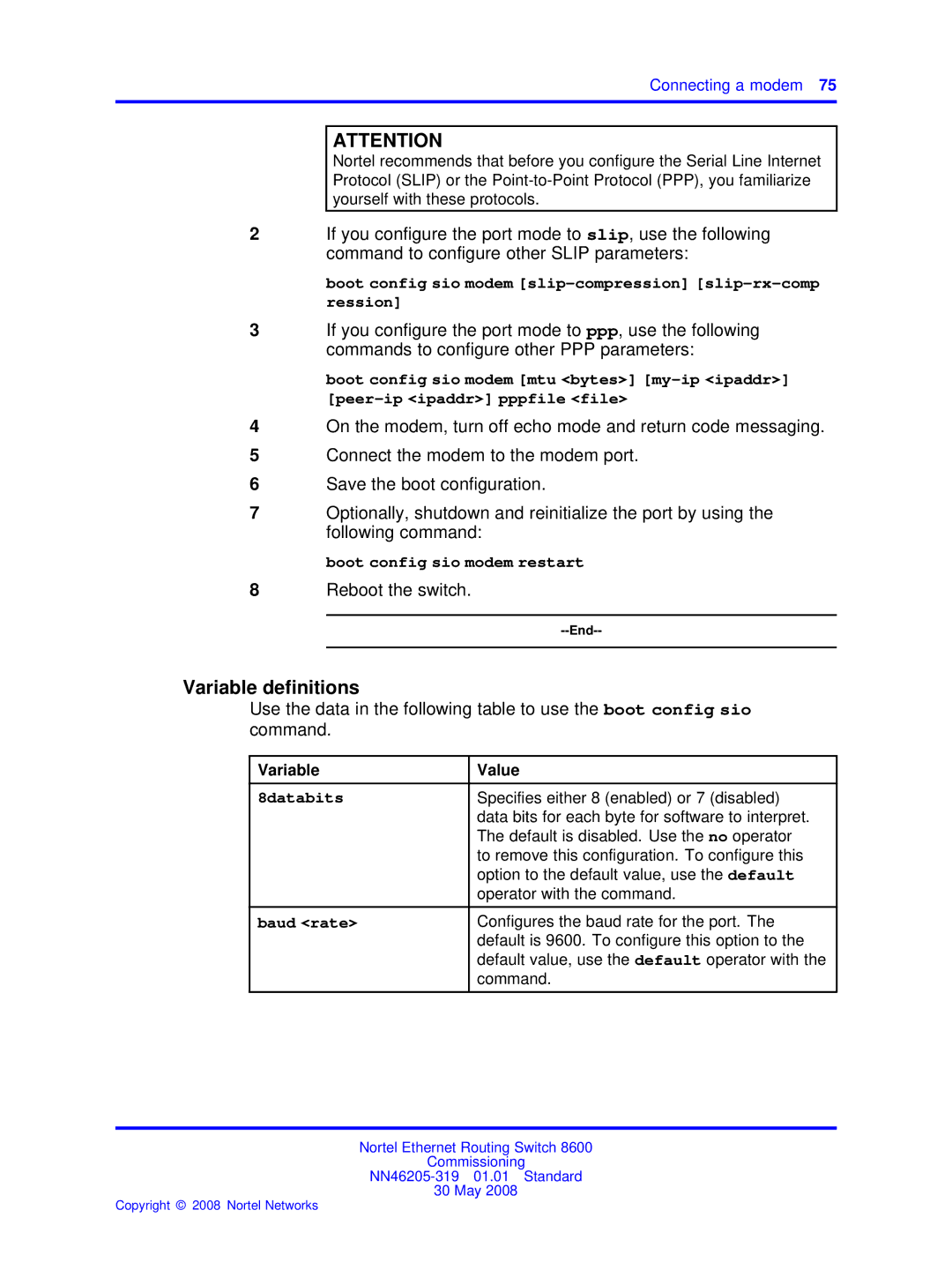 Nortel Networks 8600 manual Boot config sio modem slip-compression slip-rx-comp ression, Boot config sio modem restart 