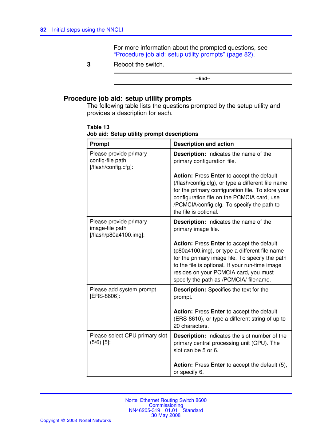 Nortel Networks 8600 manual Procedure job aid setup utility prompts 