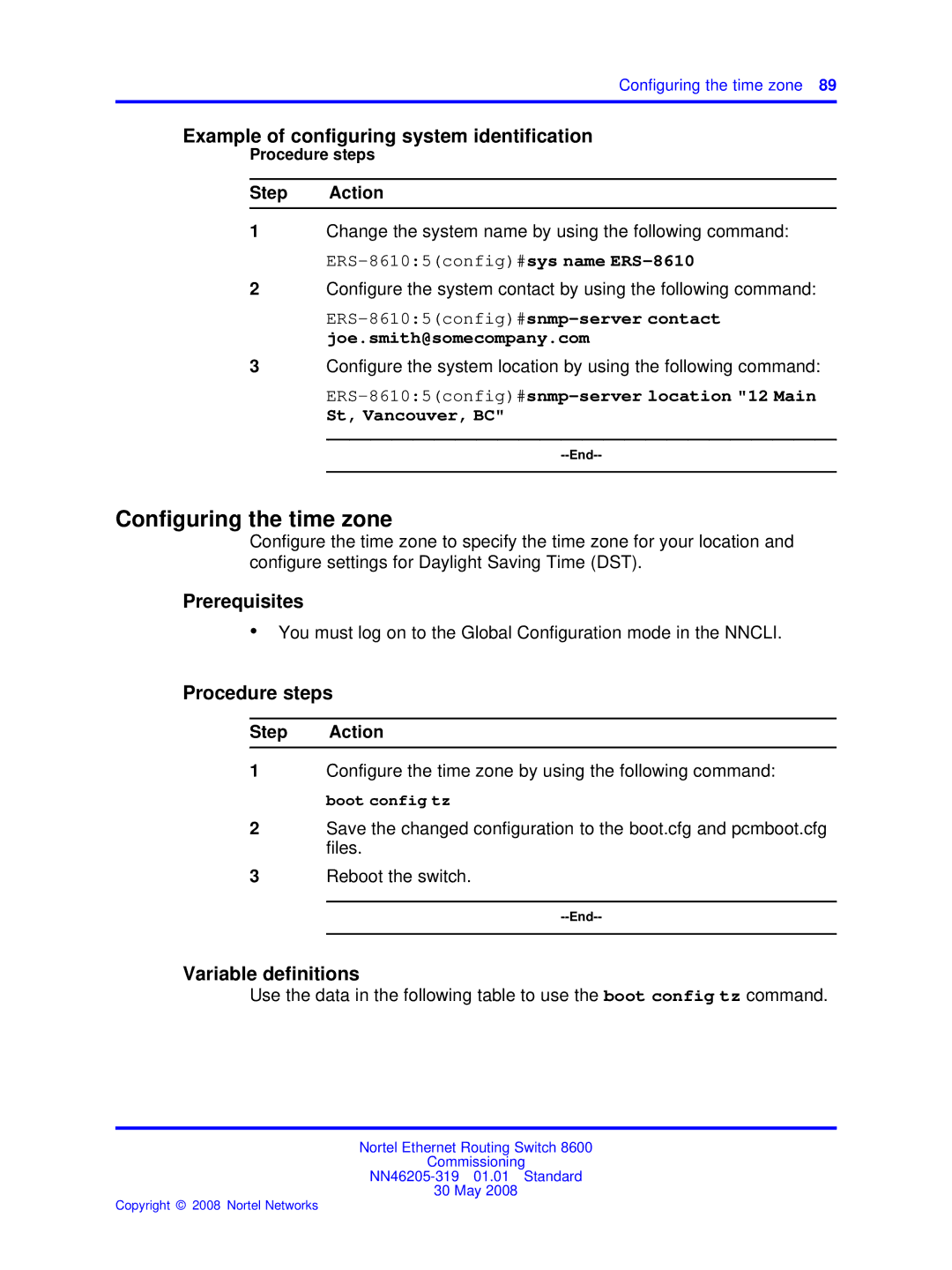 Nortel Networks 8600 manual Conﬁguring the time zone, Example of configuring system identification 