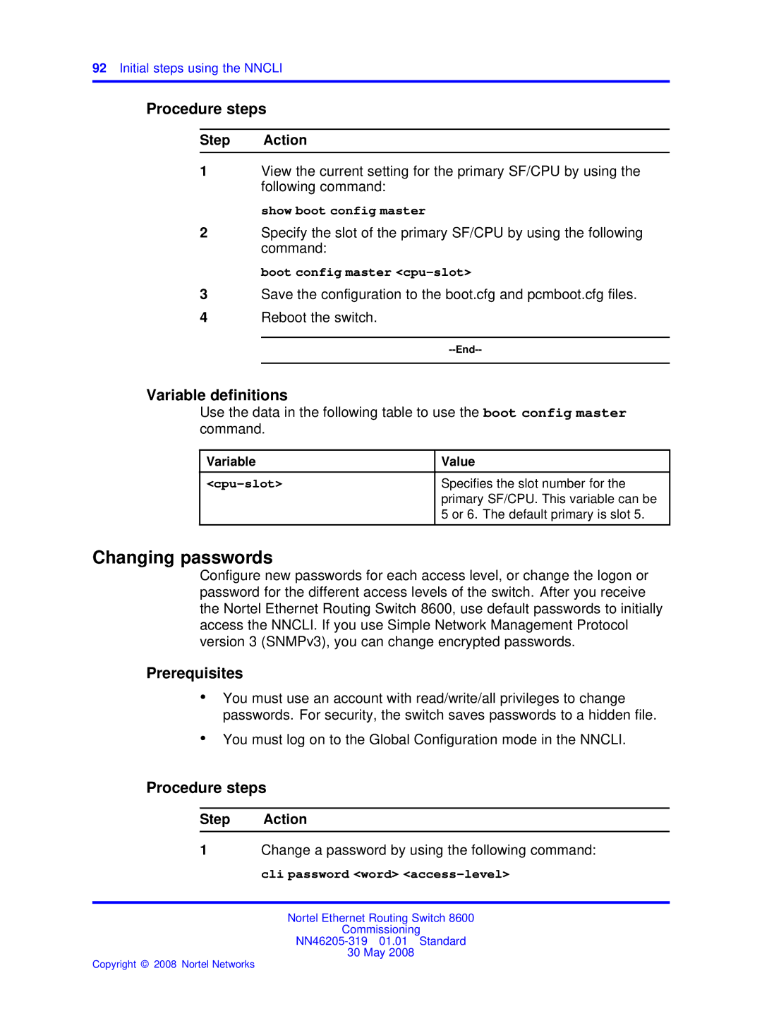 Nortel Networks 8600 manual Changing passwords 