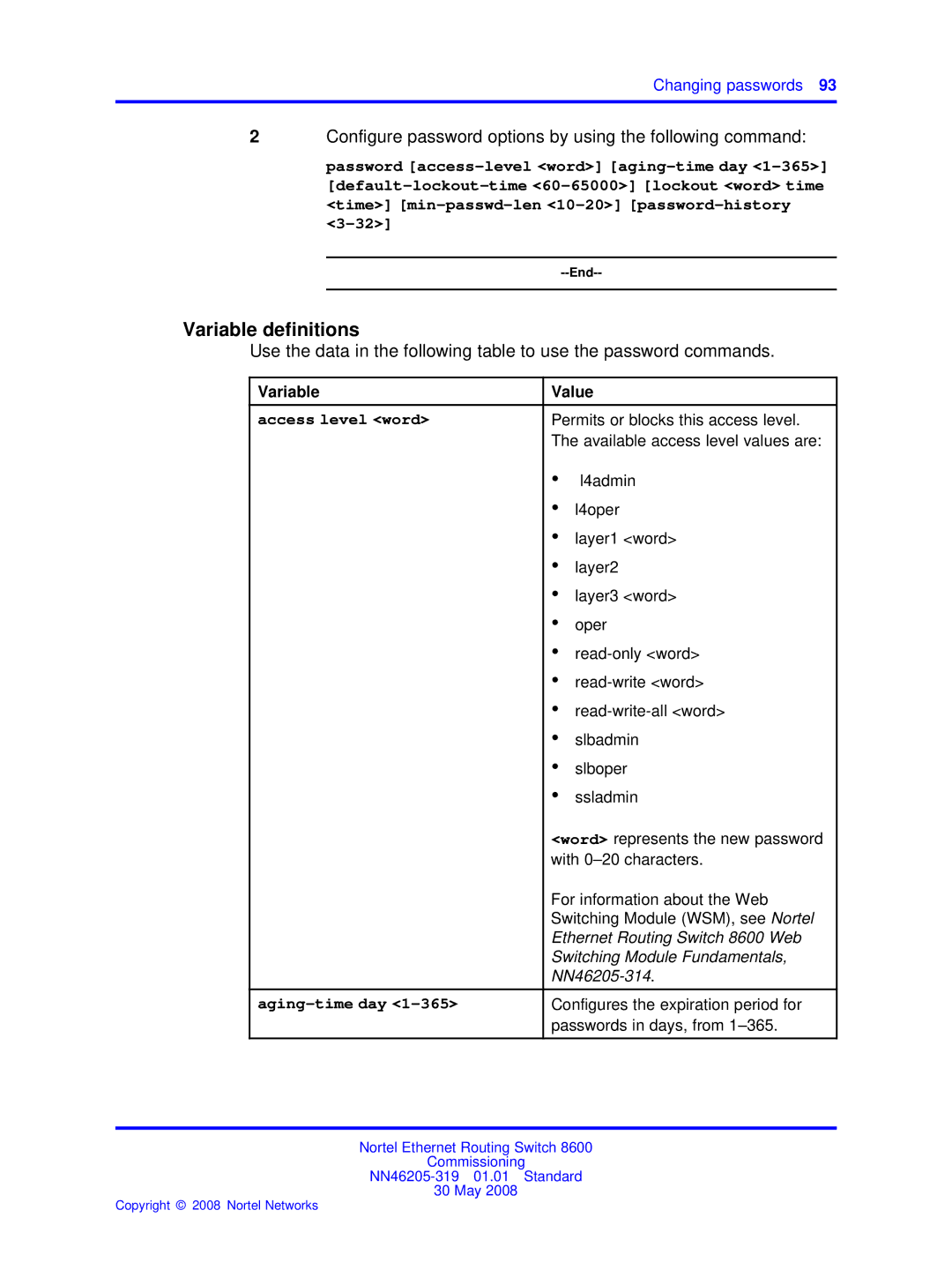 Nortel Networks 8600 manual Access level word 