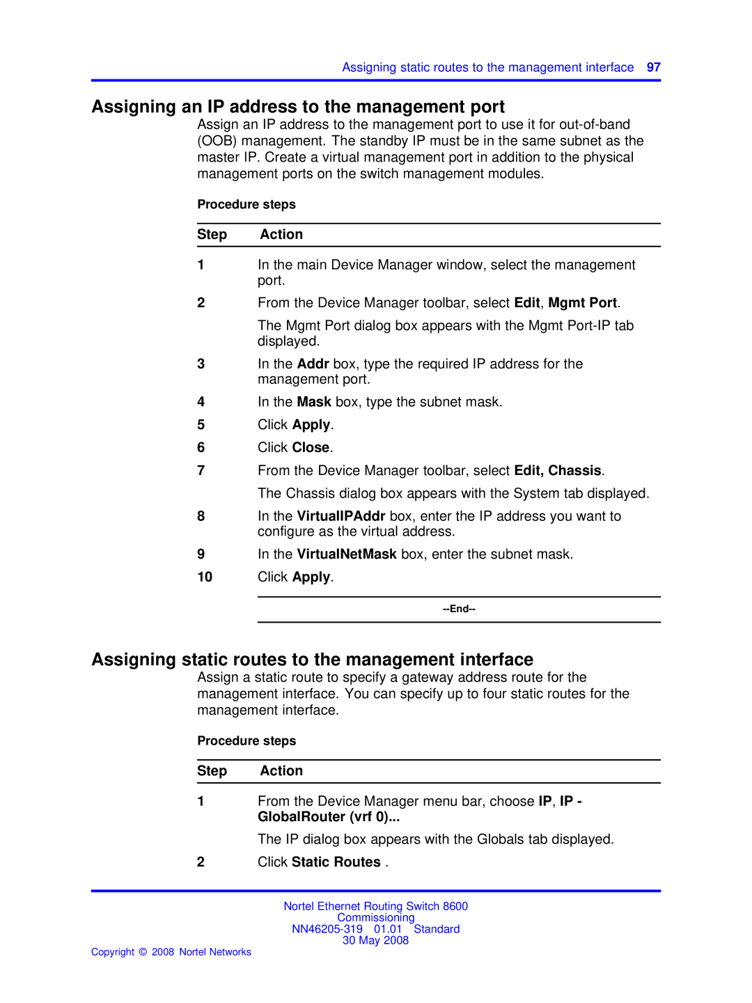 Nortel Networks 8600 Assigning an IP address to the management port, Assigning static routes to the management interface 