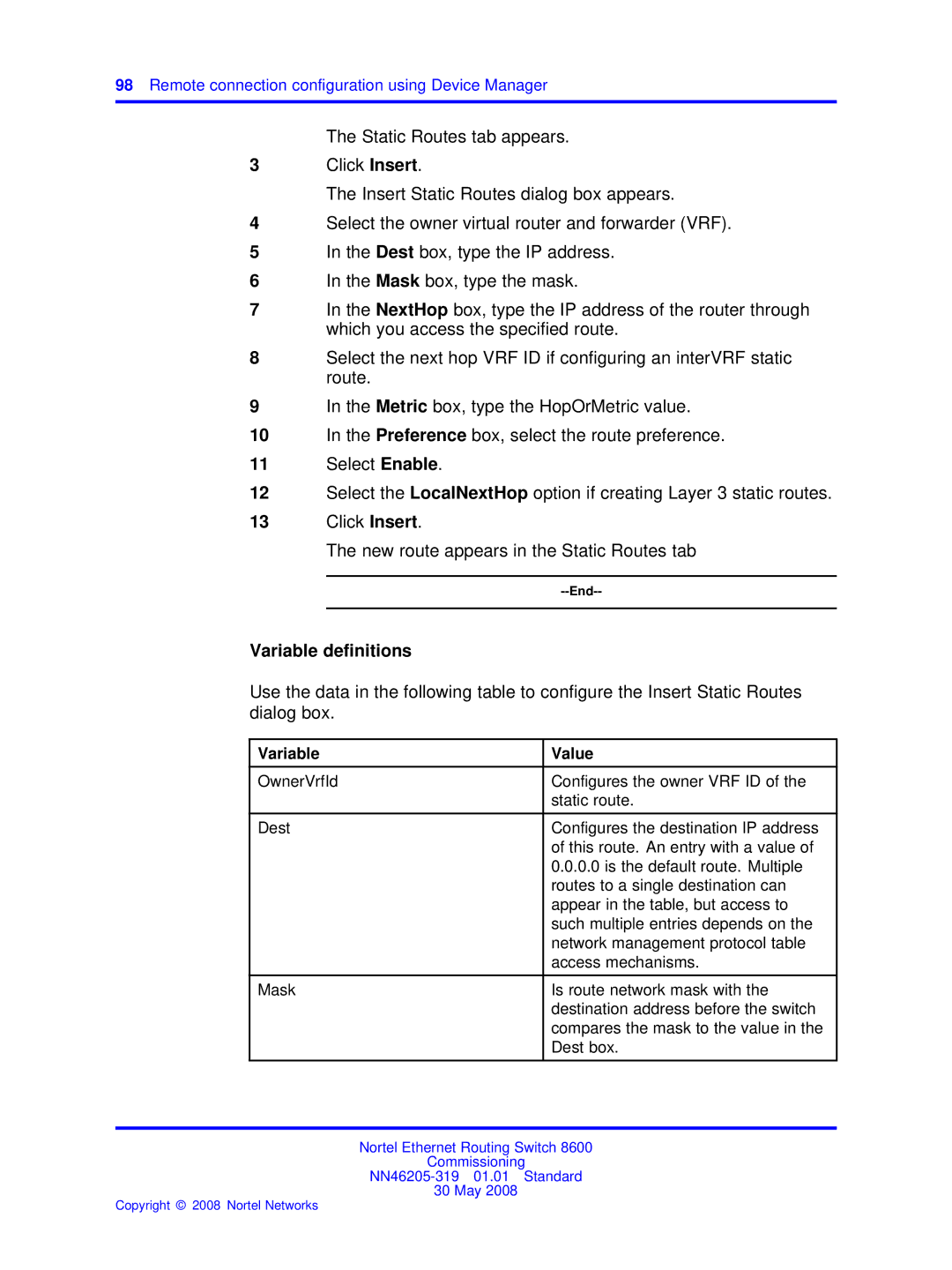 Nortel Networks 8600 manual Variable definitions 