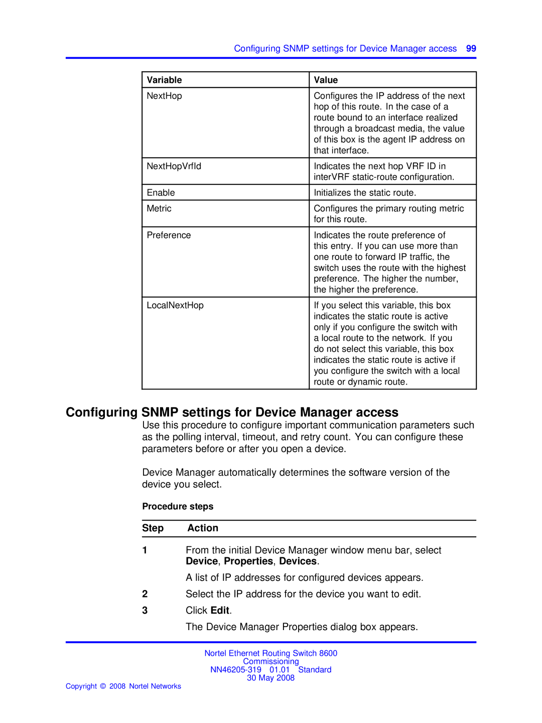 Nortel Networks 8600 manual Conﬁguring Snmp settings for Device Manager access 