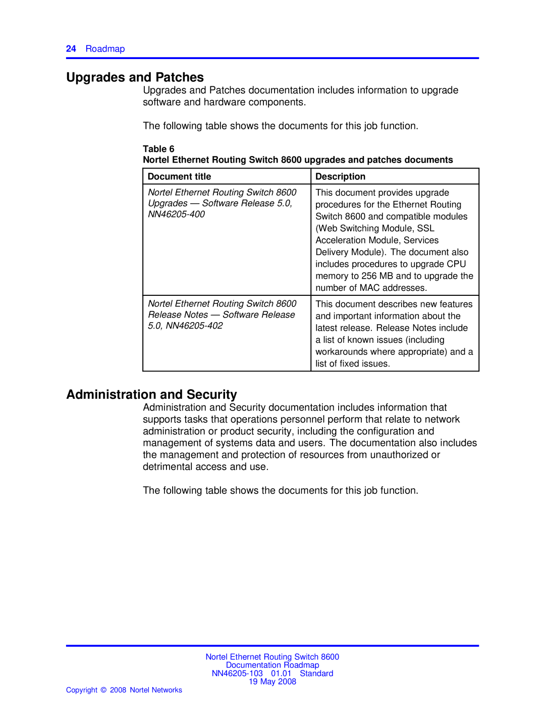 Nortel Networks 8600 manual Upgrades and Patches, Administration and Security 