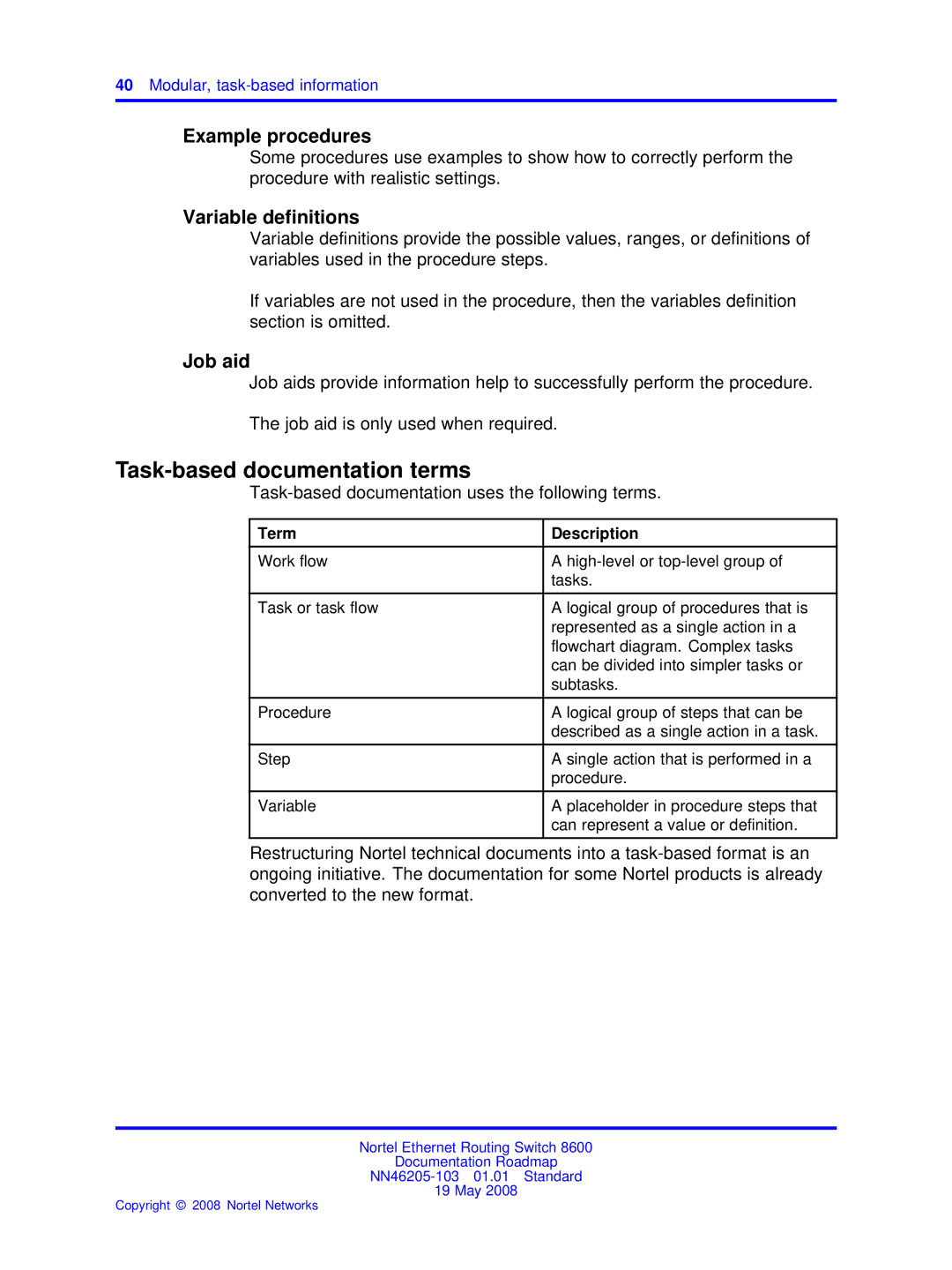 Nortel Networks 8600 manual Task-based documentation terms, Example procedures 