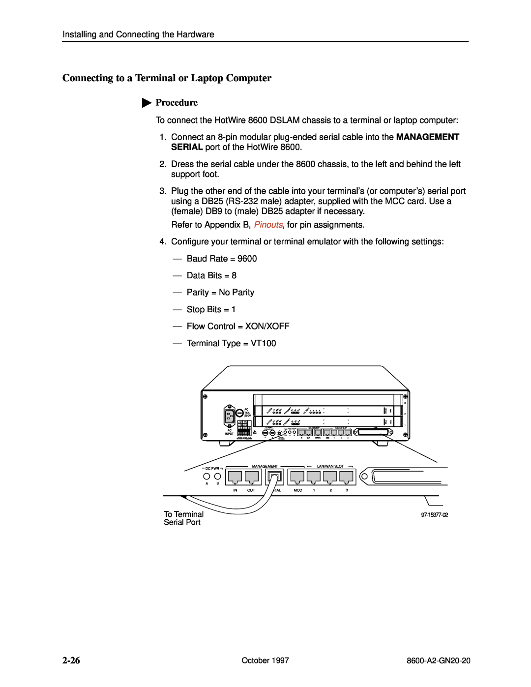 Nortel Networks 8600 manual Connecting to a Terminal or Laptop Computer, 2-26, Procedure, To Terminal, Serial Port 