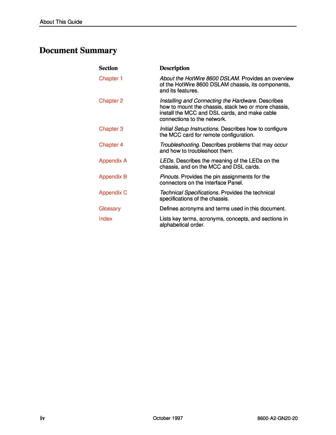 Nortel Networks 8600 Document Summary, Section, Description, Chapter, Appendix A, Appendix B, Appendix C, Glossary, Index 
