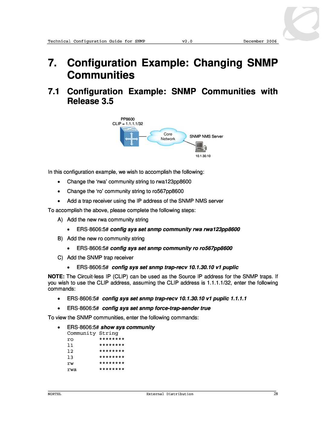 Nortel Networks 8600 Configuration Example Changing SNMP Communities, Configuration Example SNMP Communities with Release 