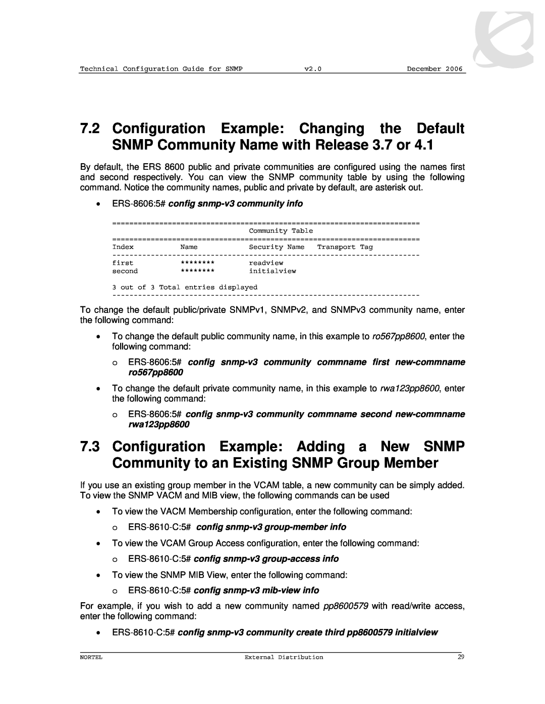 Nortel Networks 8600 manual Configuration Example Changing the Default SNMP Community Name with Release 3.7 or 