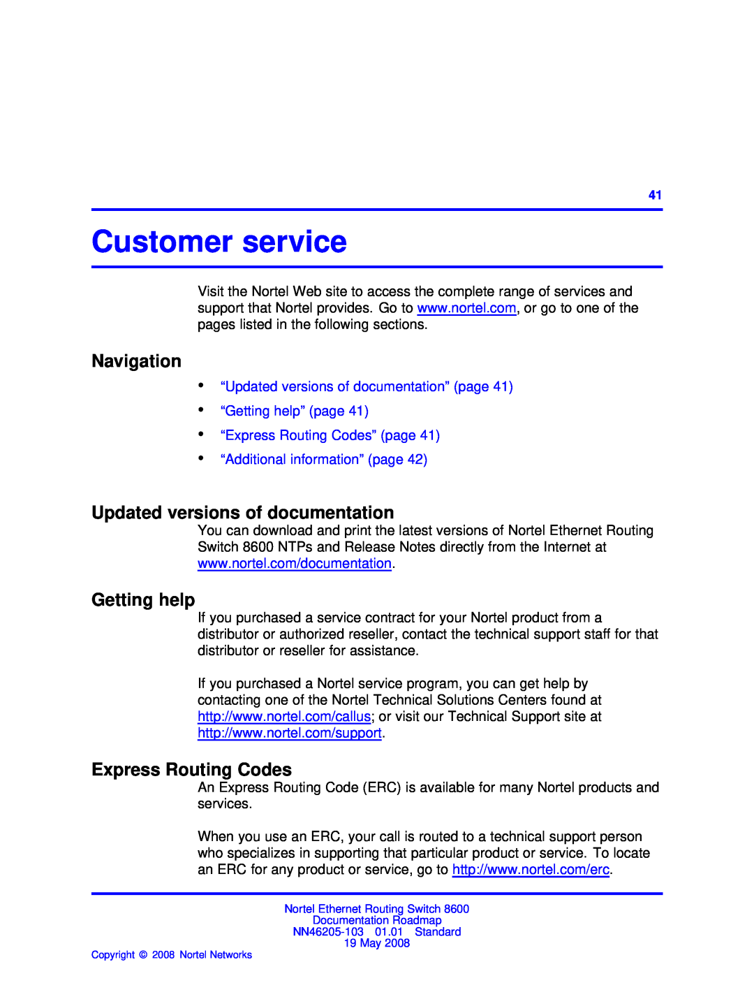 Nortel Networks 8600 Customer service, Updated versions of documentation, Getting help, Express Routing Codes, Navigation 
