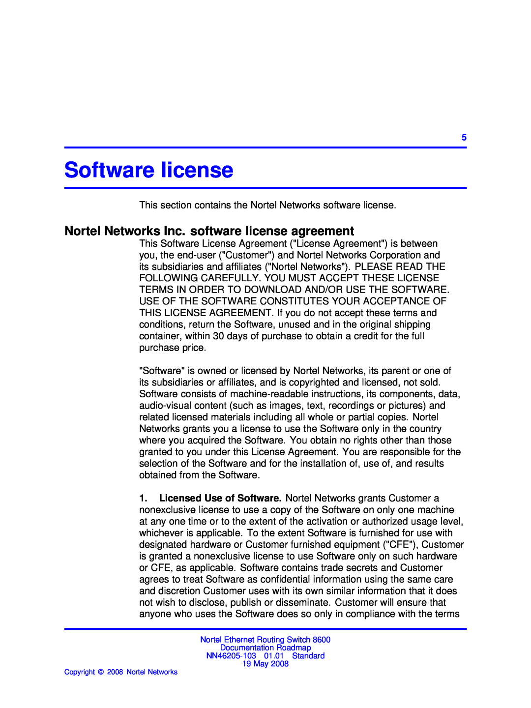 Nortel Networks 8600 manual Software license, Nortel Networks Inc. software license agreement 