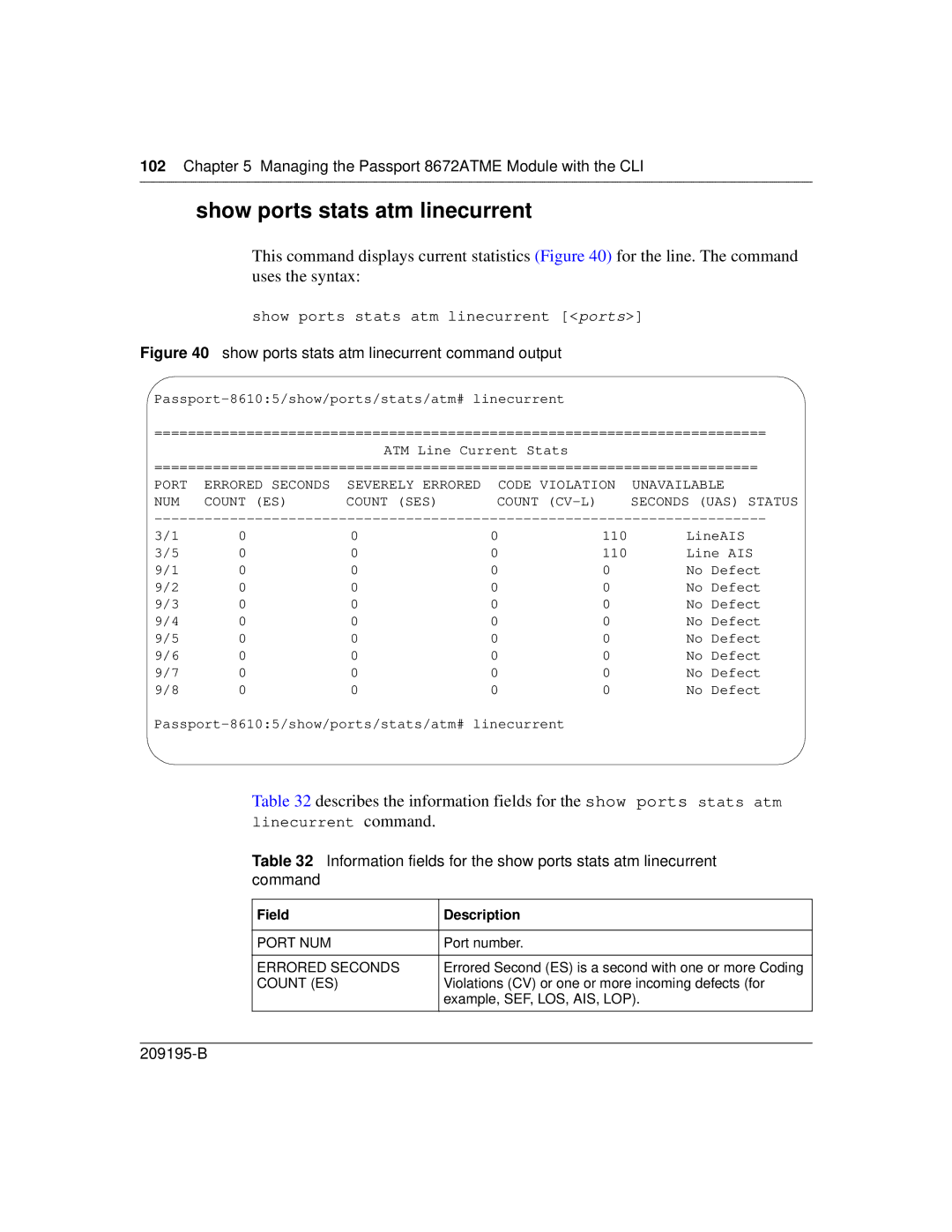 Nortel Networks 8672ATME manual Show ports stats atm linecurrent command output 