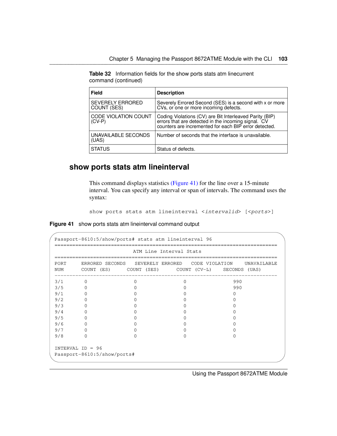 Nortel Networks 8672ATME manual Show ports stats atm lineinterval, UAS Status 