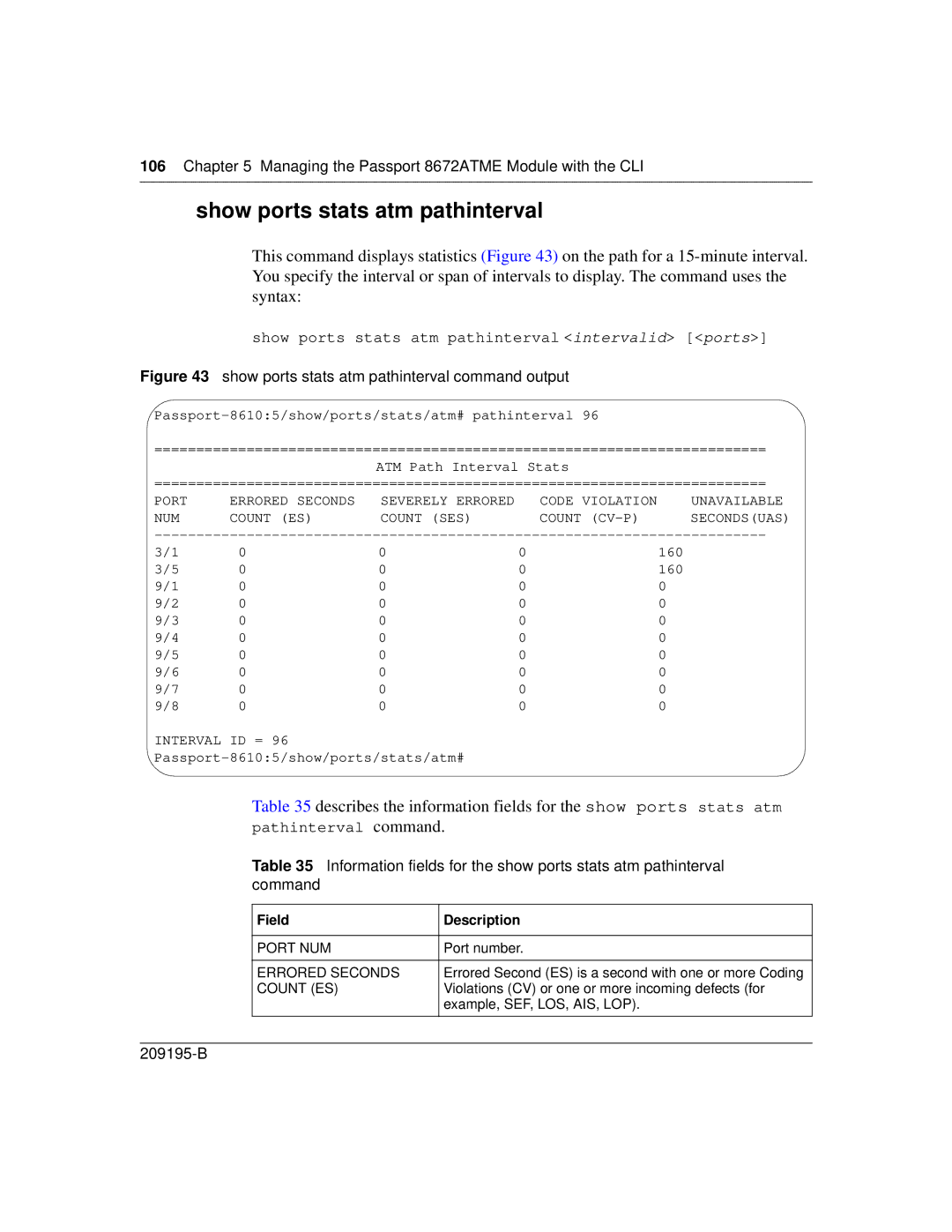 Nortel Networks 8672ATME manual Show ports stats atm pathinterval command output 