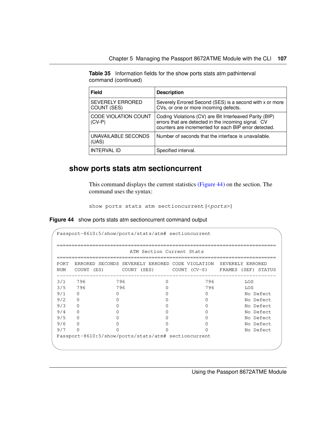 Nortel Networks 8672ATME manual Show ports stats atm sectioncurrent command output 