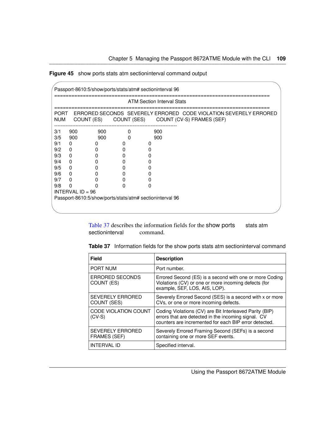 Nortel Networks 8672ATME manual Show ports stats atm sectioninterval command output, Frames SEF 