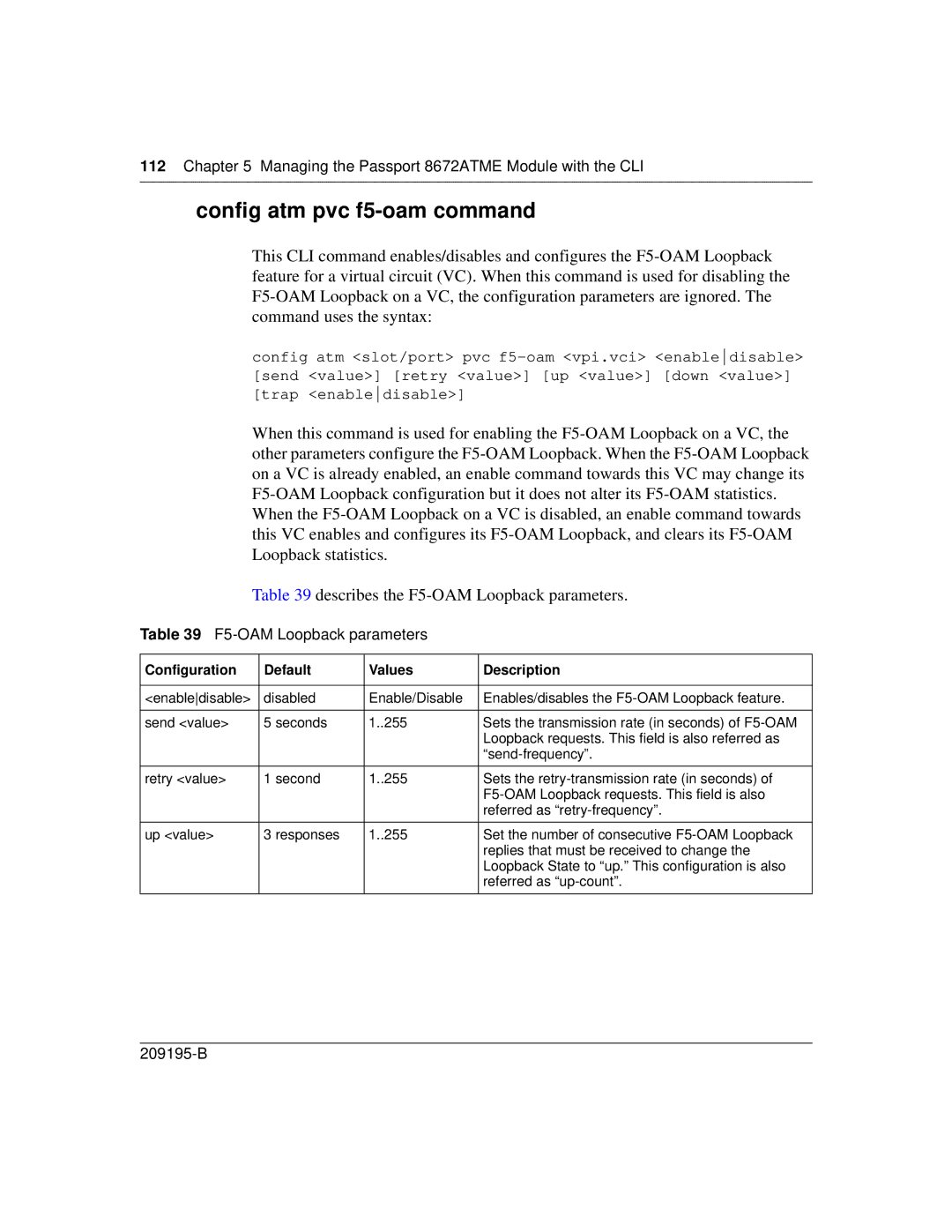 Nortel Networks 8672ATME manual Config atm pvc f5-oam command, F5-OAM Loopback parameters 