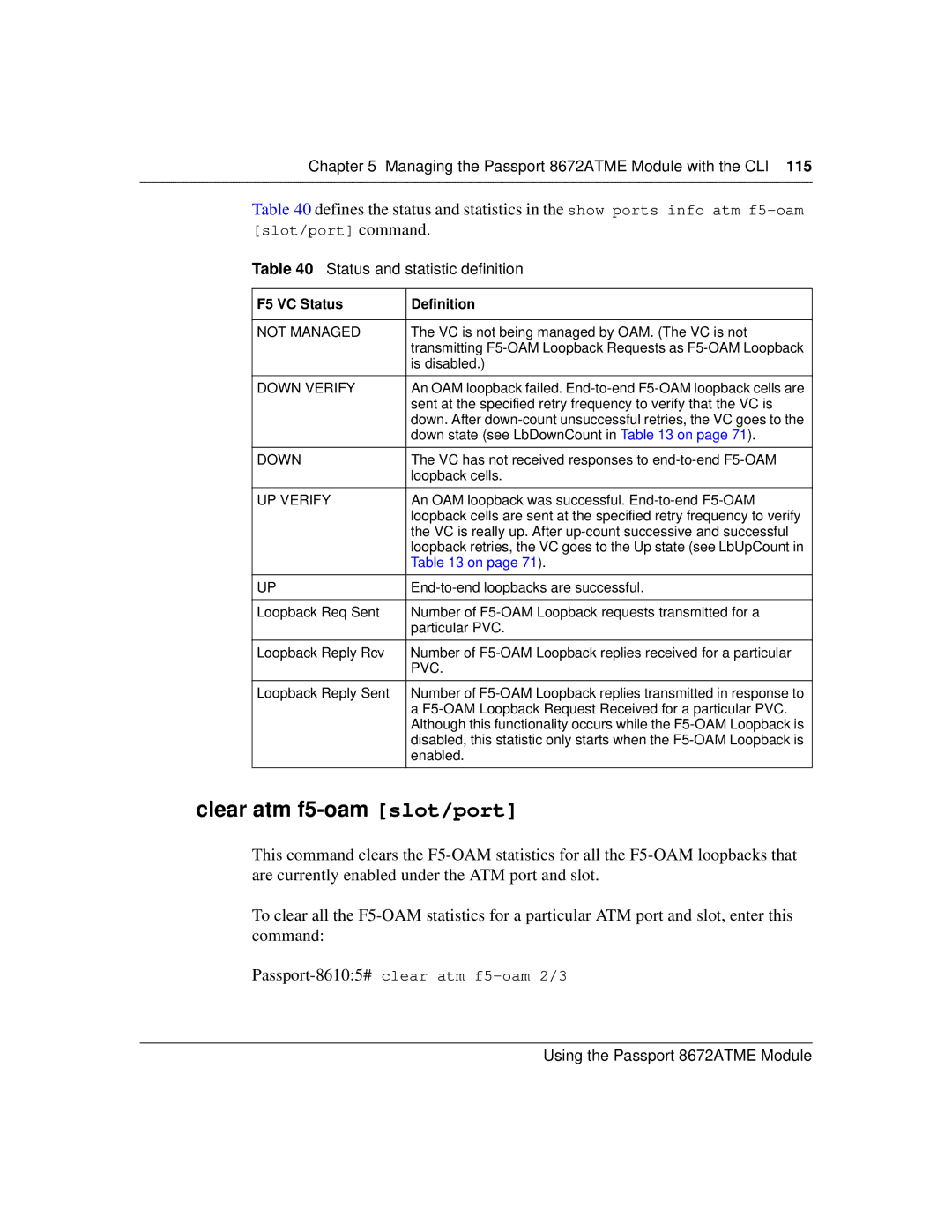 Nortel Networks 8672ATME manual Clear atm f5-oam slot/port, Status and statistic definition 