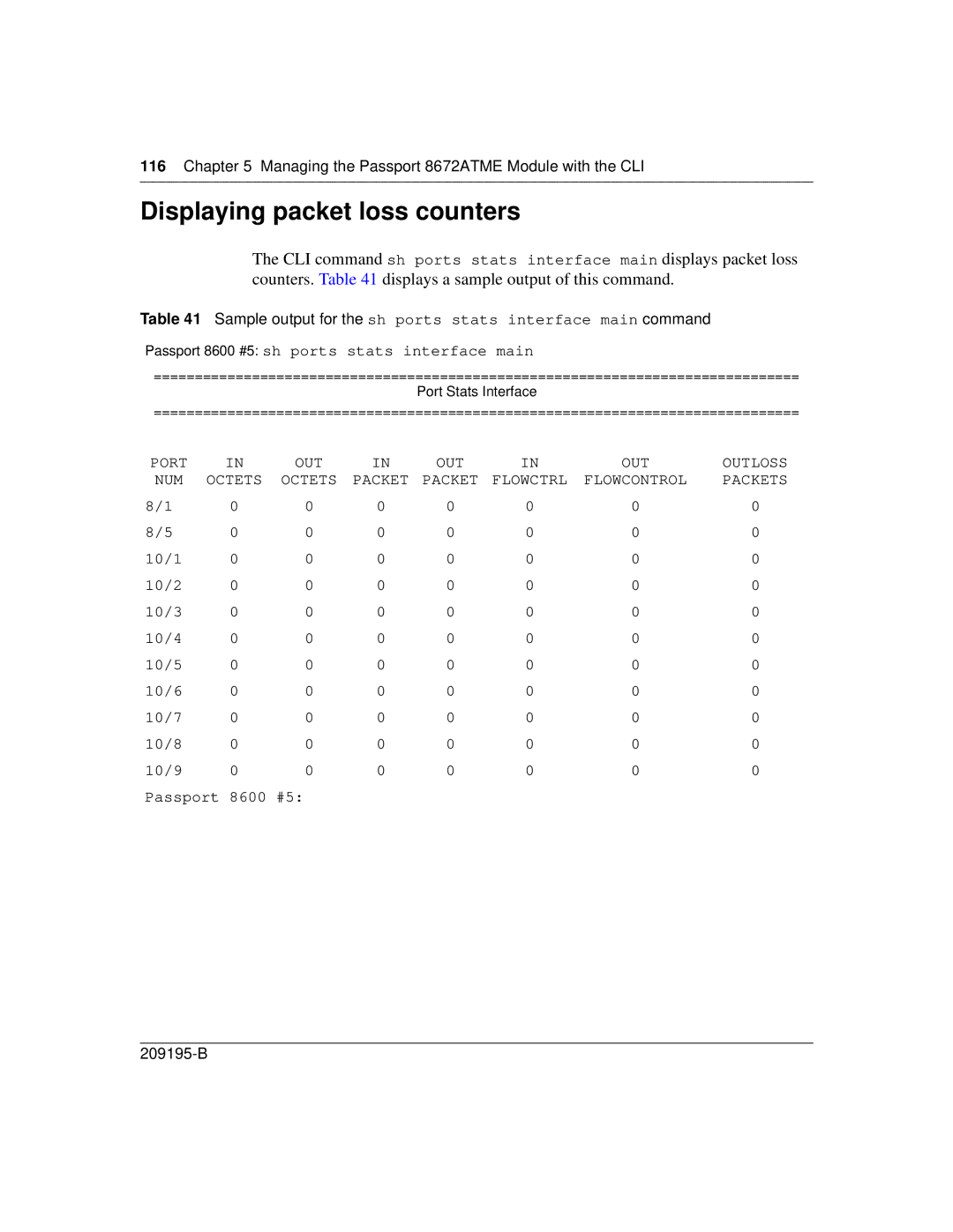 Nortel Networks 8672ATME manual Displaying packet loss counters 