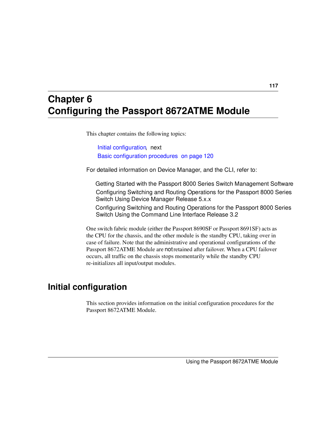 Nortel Networks manual Chapter Configuring the Passport 8672ATME Module, Initial configuration 