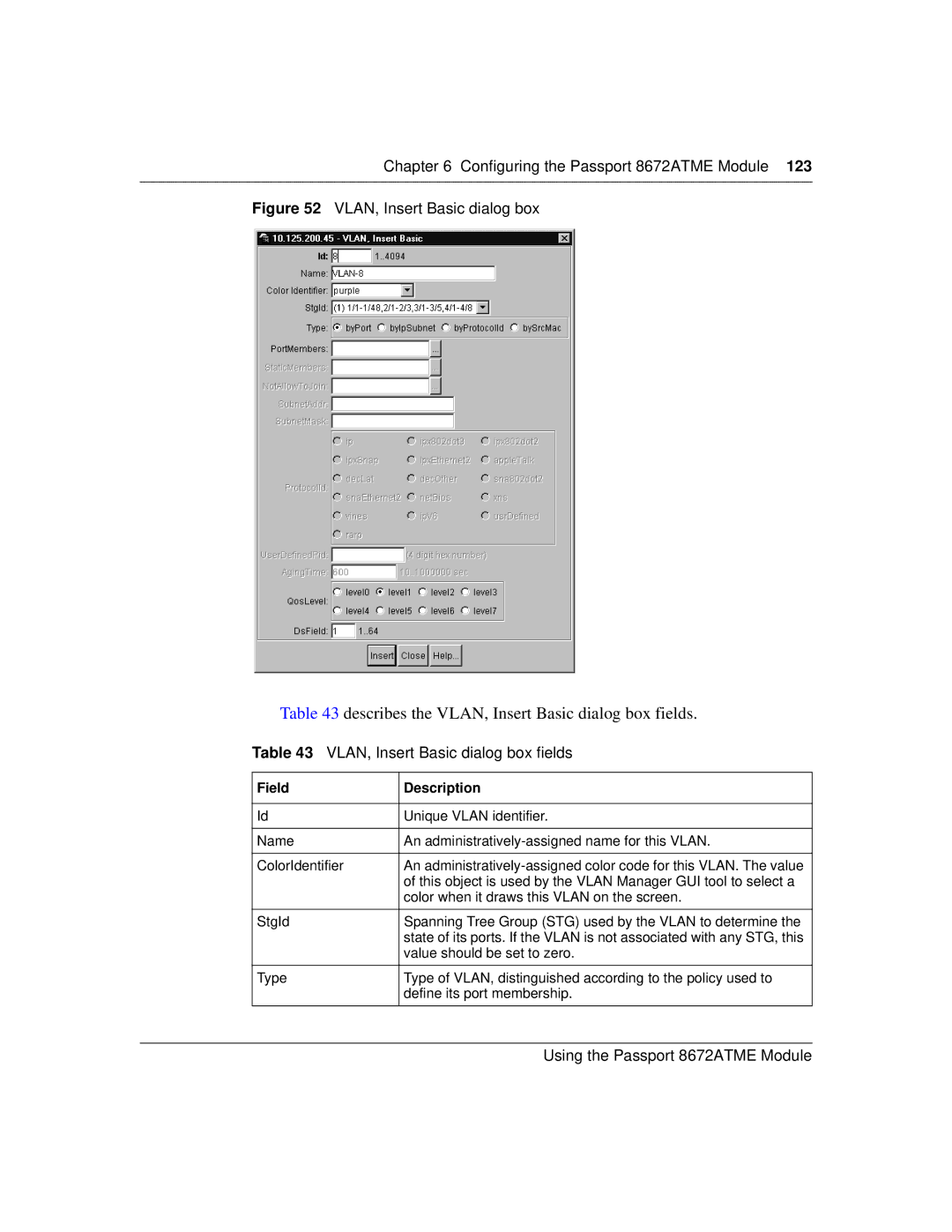 Nortel Networks 8672ATME manual Describes the VLAN, Insert Basic dialog box fields 