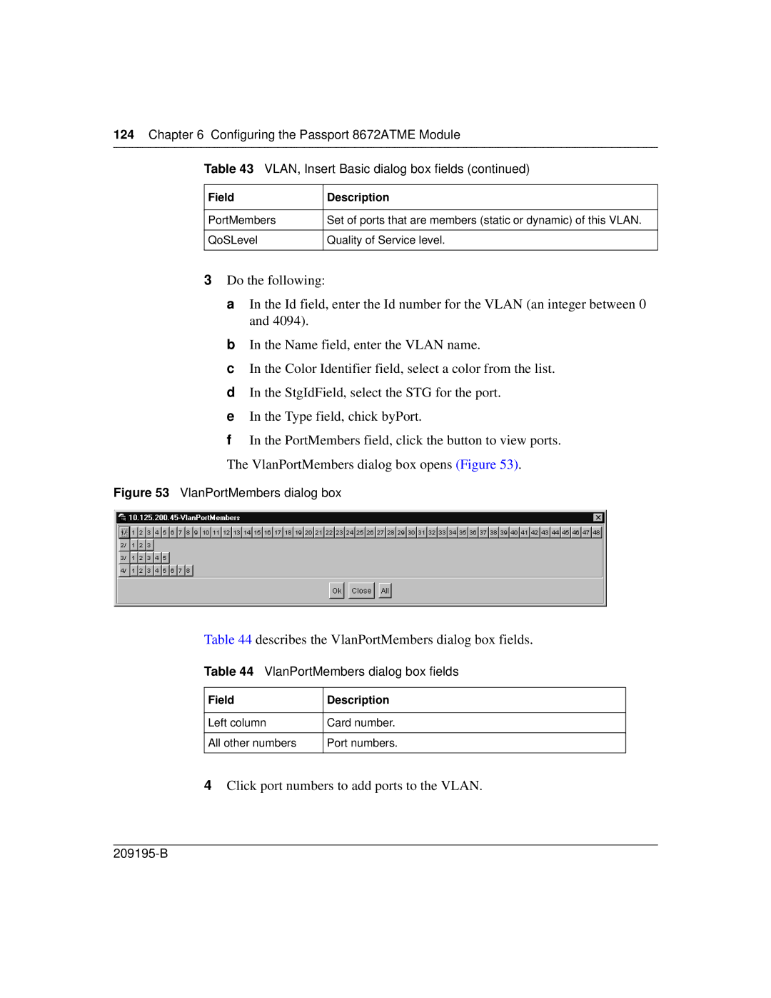 Nortel Networks 8672ATME Describes the VlanPortMembers dialog box fields, Click port numbers to add ports to the Vlan 