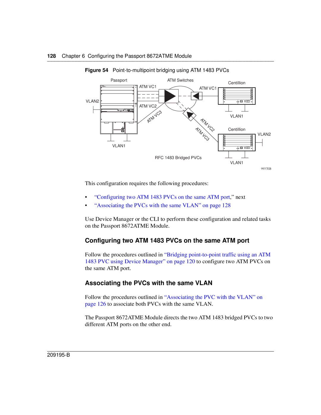 Nortel Networks 8672ATME manual Configuring two ATM 1483 PVCs on the same ATM port, Associating the PVCs with the same Vlan 