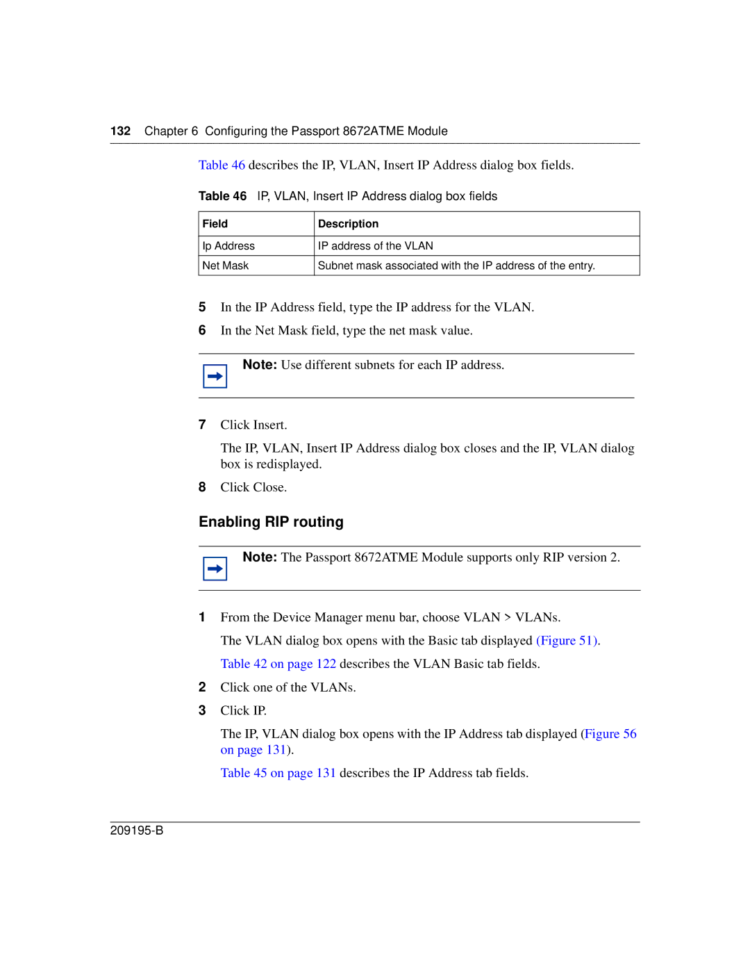 Nortel Networks 8672ATME manual Enabling RIP routing, Describes the IP, VLAN, Insert IP Address dialog box fields 