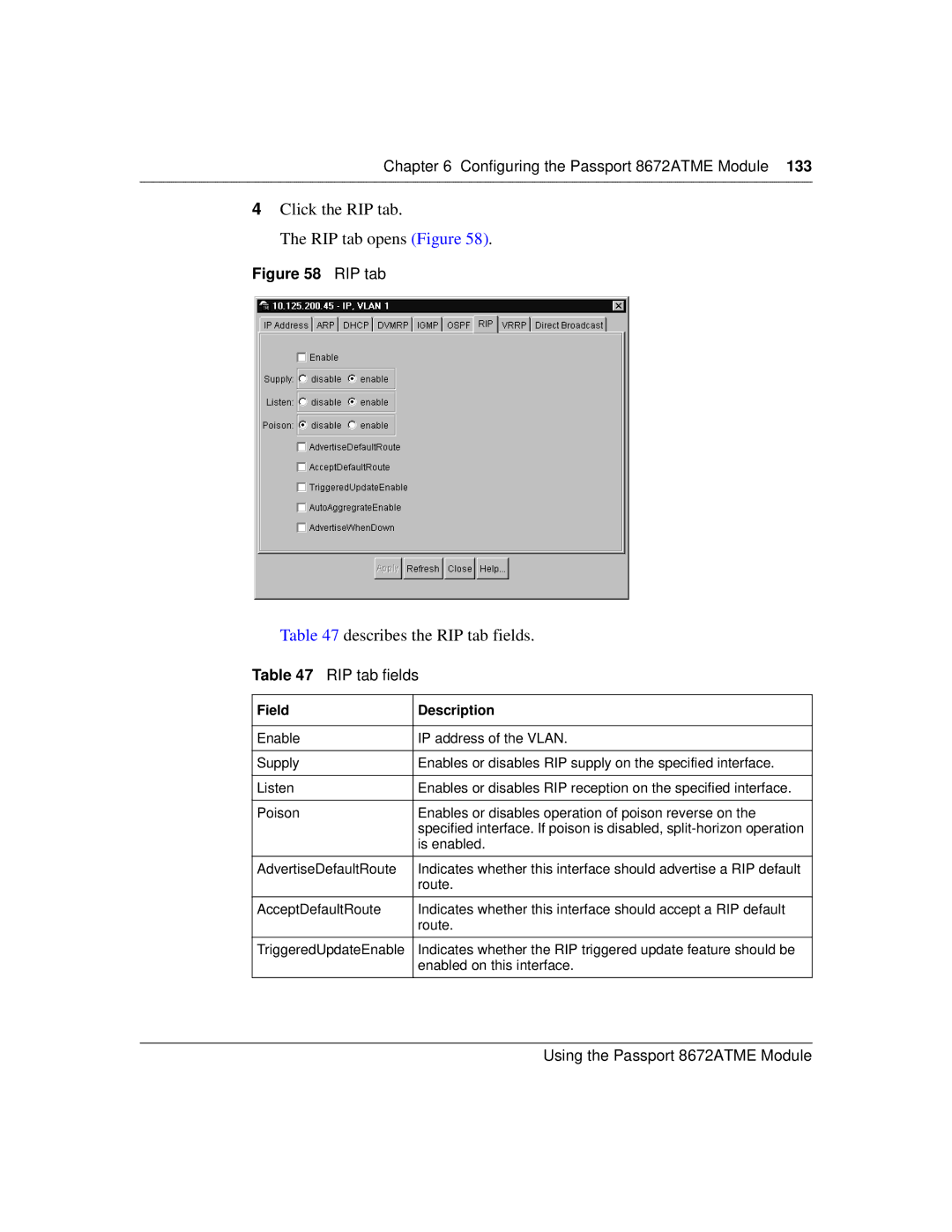 Nortel Networks 8672ATME manual Click the RIP tab RIP tab opens Figure, Describes the RIP tab fields 