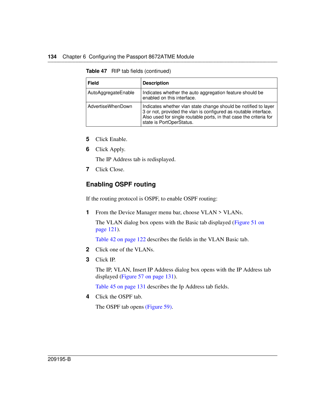 Nortel Networks manual Enabling Ospf routing, Configuring the Passport 8672ATME Module RIP tab fields 