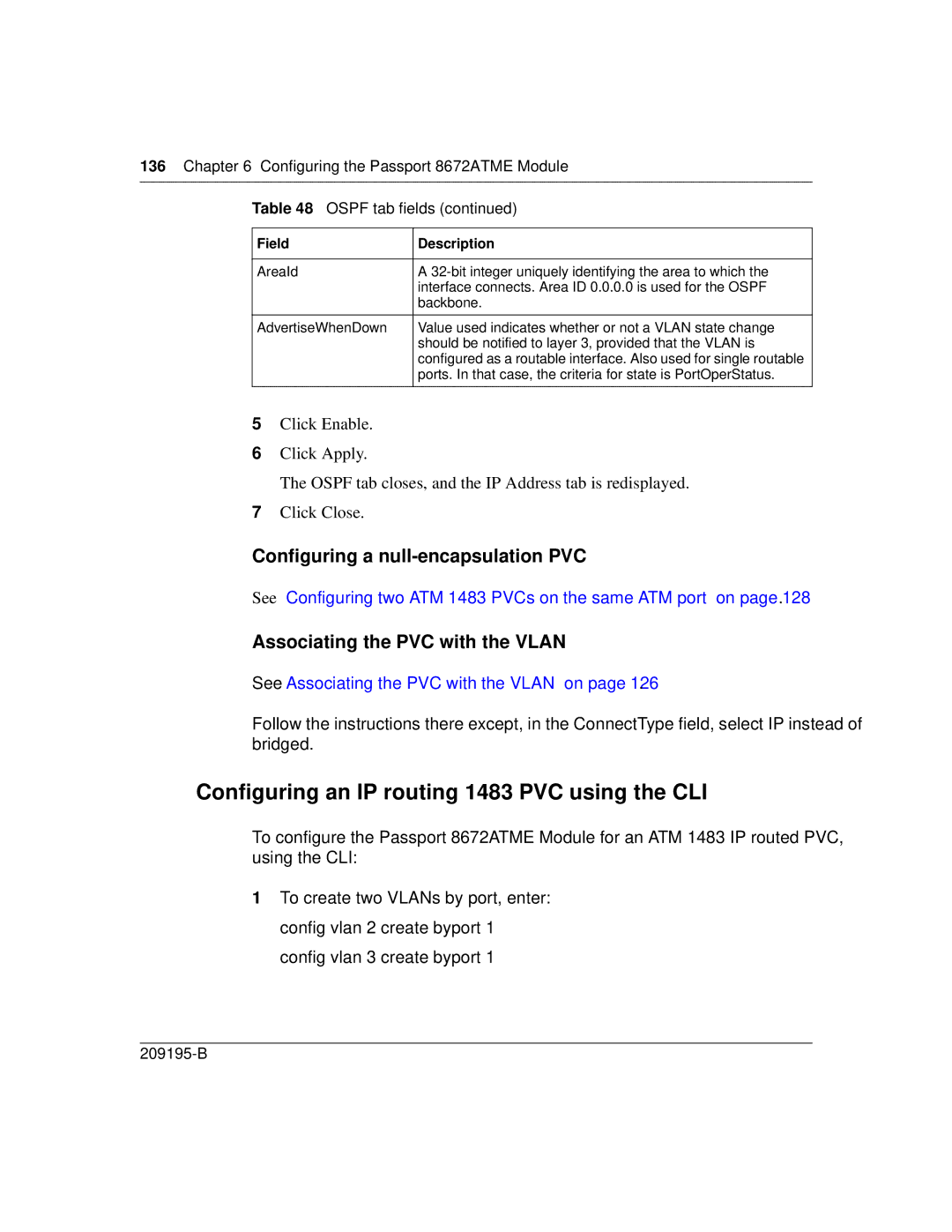 Nortel Networks 8672ATME manual Configuring an IP routing 1483 PVC using the CLI, Configuring a null-encapsulation PVC 