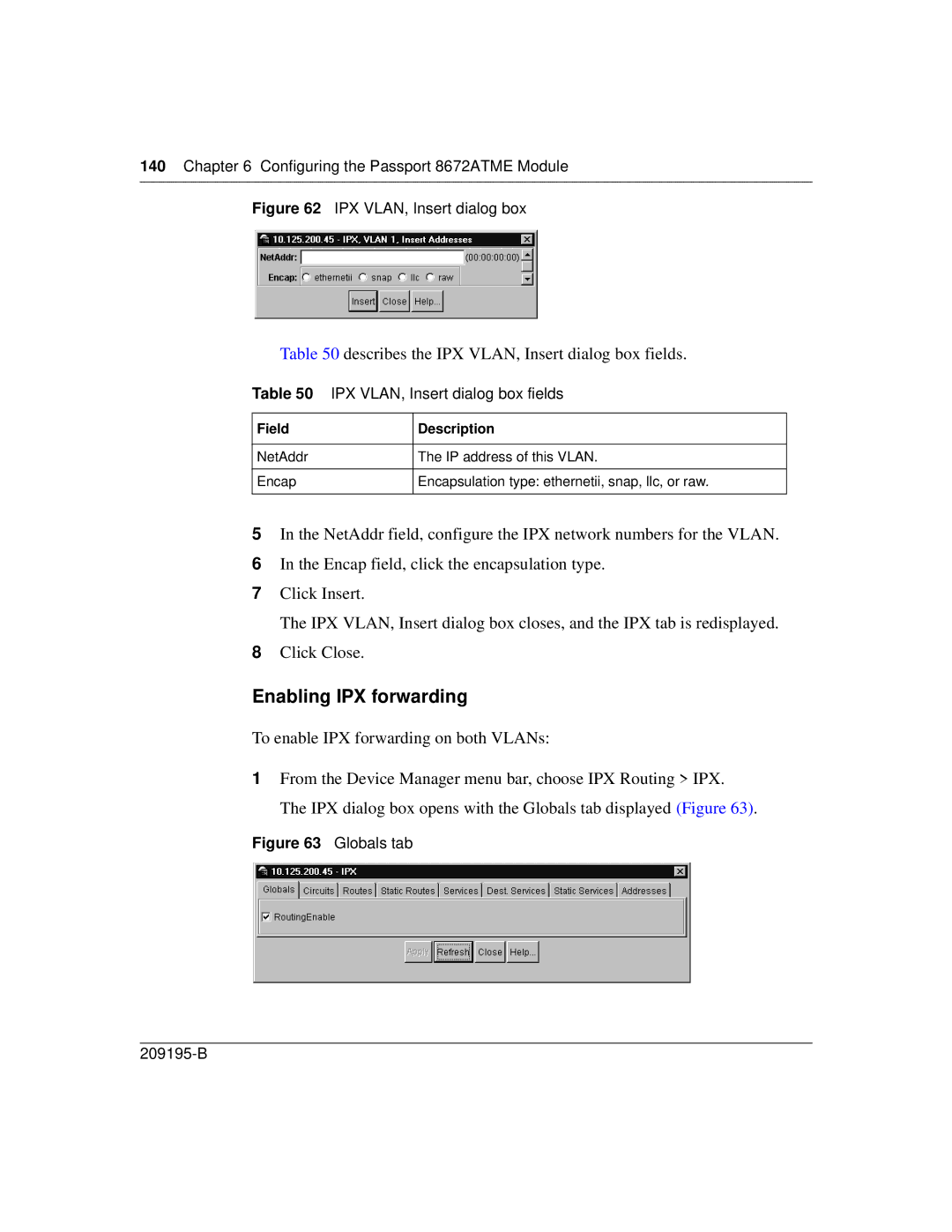 Nortel Networks 8672ATME manual Enabling IPX forwarding, Describes the IPX VLAN, Insert dialog box fields 