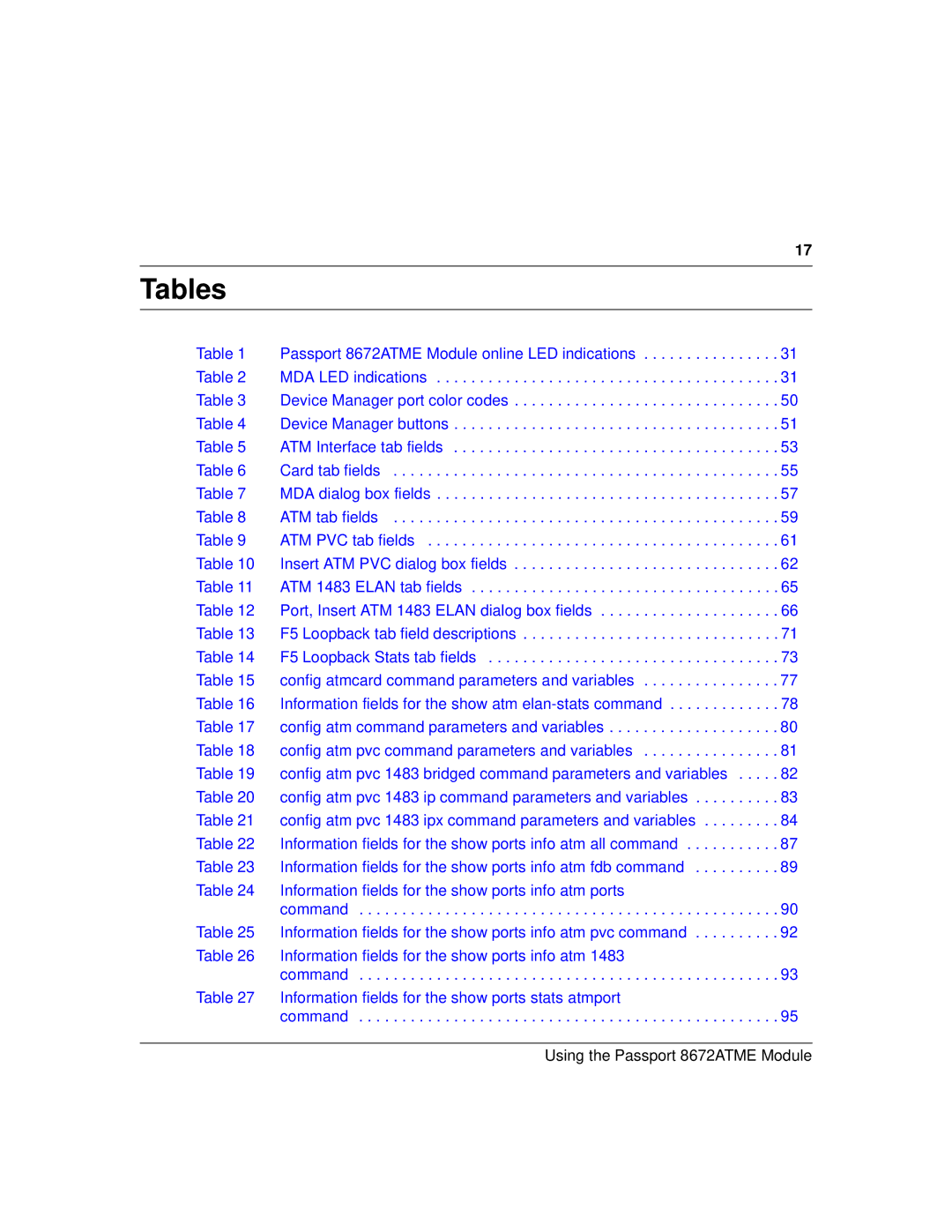 Nortel Networks 8672ATME manual Tables 