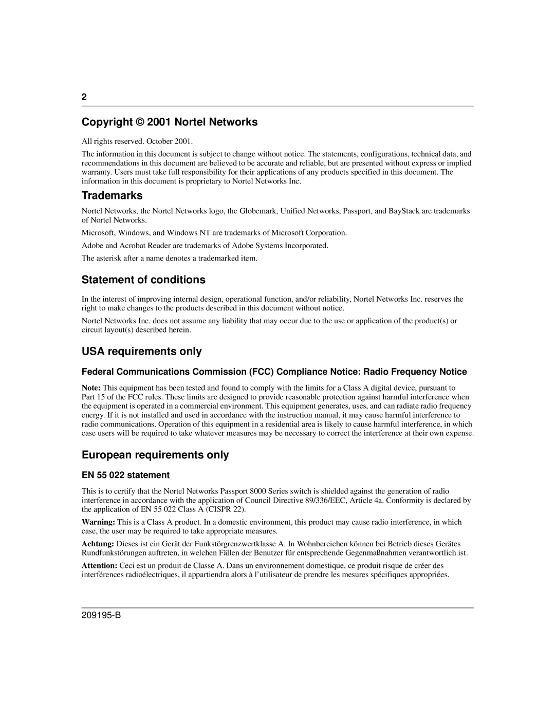 Nortel Networks 8672ATME manual Copyright 2001 Nortel Networks, Trademarks, Statement of conditions, USA requirements only 