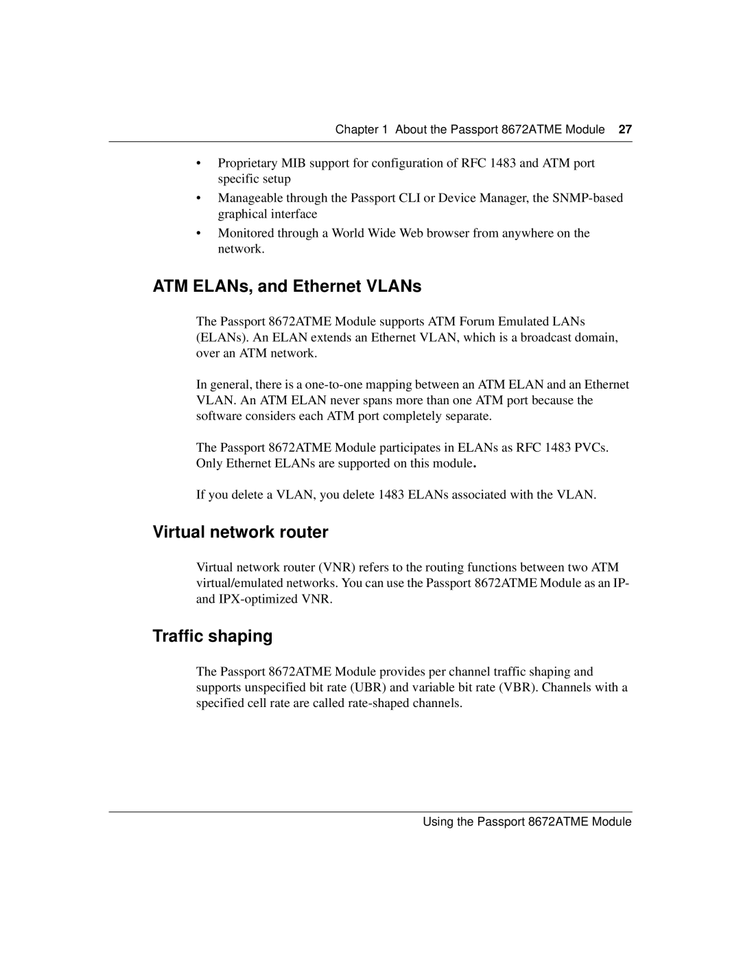 Nortel Networks 8672ATME manual ATM ELANs, and Ethernet VLANs, Virtual network router, Traffic shaping 