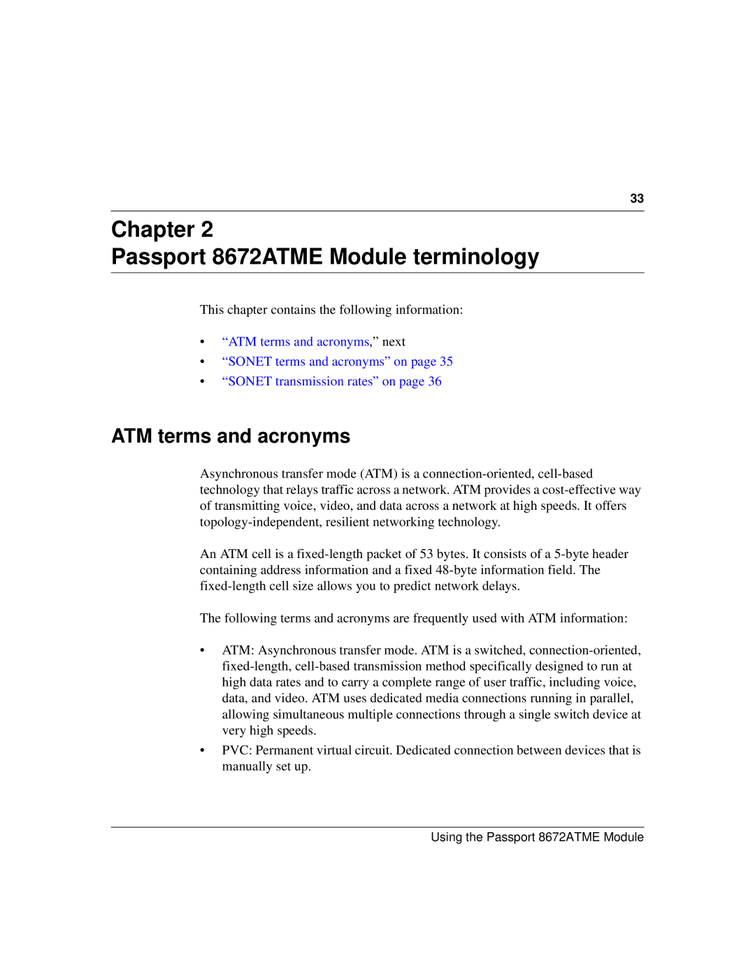 Nortel Networks 8672ATME manual ATM terms and acronyms, This chapter contains the following information 