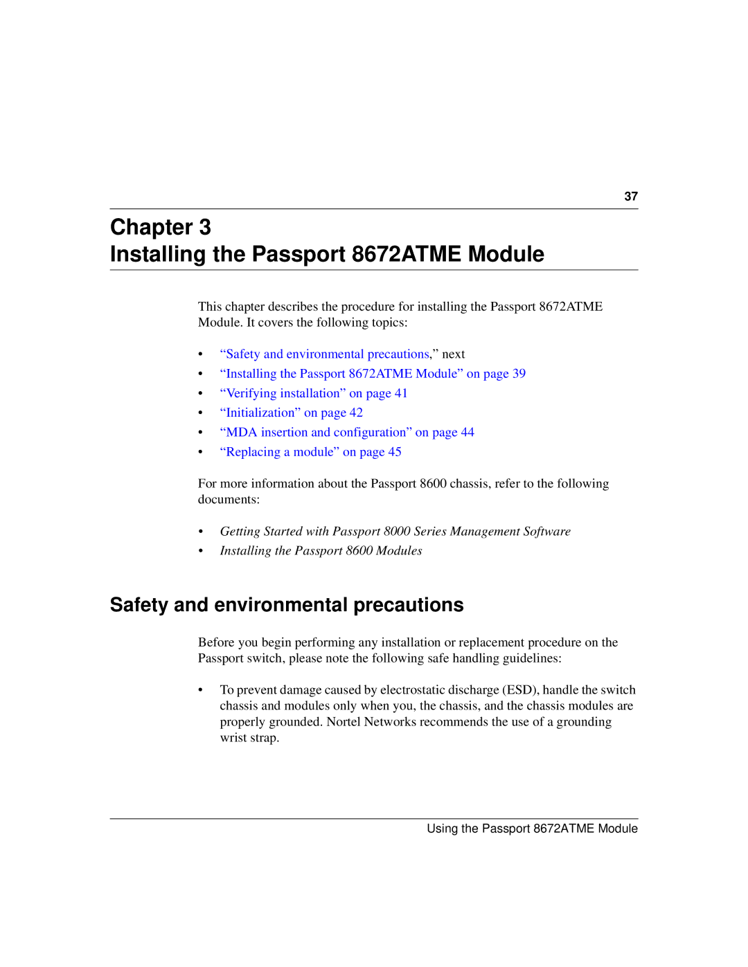 Nortel Networks manual Chapter Installing the Passport 8672ATME Module, Safety and environmental precautions 